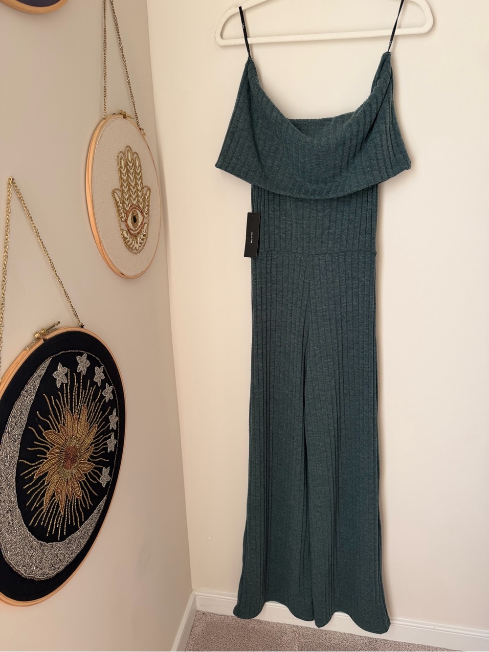 Lulus dark green off the shoulder Ribbed Knit Wide-Leg Jumpsuit